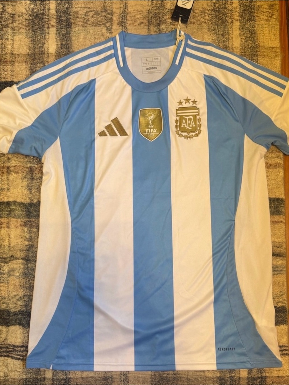 adidas 2024 Argentina Home Light Blue & White Striped Soccer Jersey - NWT Size L
